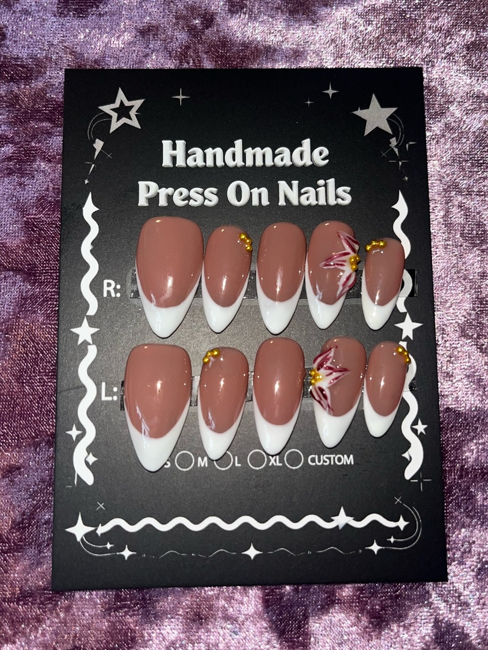 Handmade Mauve Pink French Tip Press-On Nails with Floral Accent